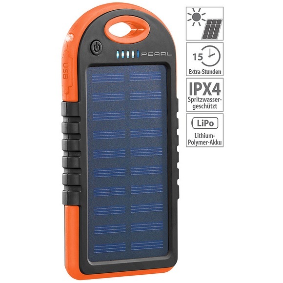 Pearl Solar-Powerbank mit Taschenlampe, 3.000 mAh, 2x USB, 1 A, IPX4
