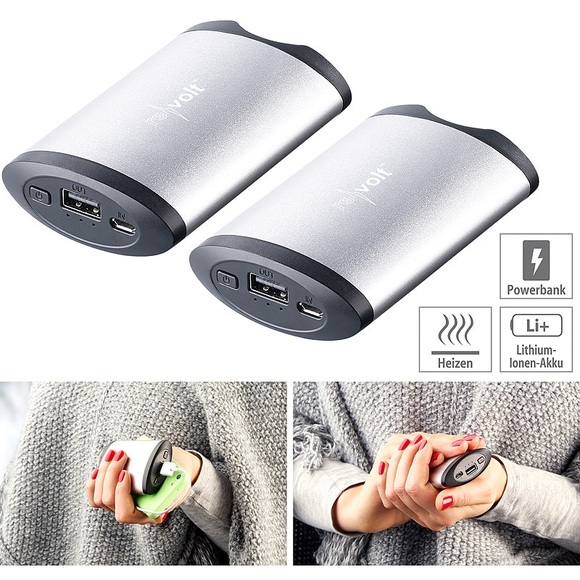 revolt 2er-Set 2in1-Powerbanks mit Handwärmer, 5.200 mAh, 2 Temperaturstufen