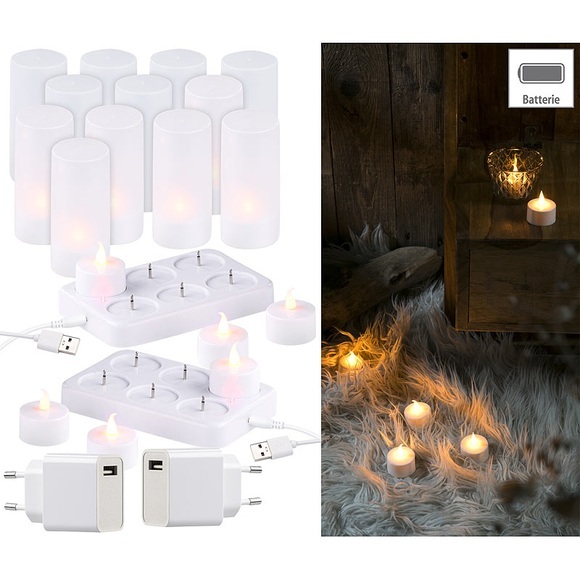 Lunartec 2er-Set, je 6 LED-Akku-Teelichter, flackernde Flamme, Teelichthalter