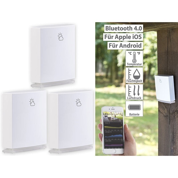 infactory 3er-Set Wetterstation-Datenlogger für iOS & Android mit Bluetooth