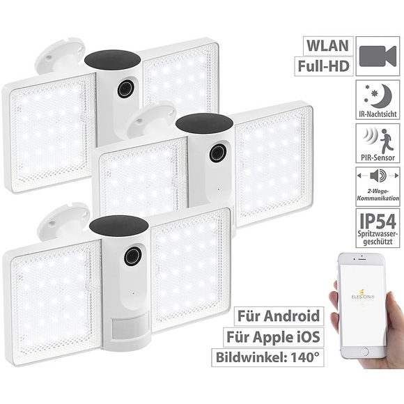 VisorTech 3er-Set Full-HD-IP-Überwachungskameras mit LED-Strahler, WLAN, App