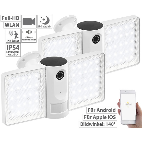 VisorTech 2er-Set Full-HD-IP-Überwachungskameras mit LED-Strahler, WLAN, App