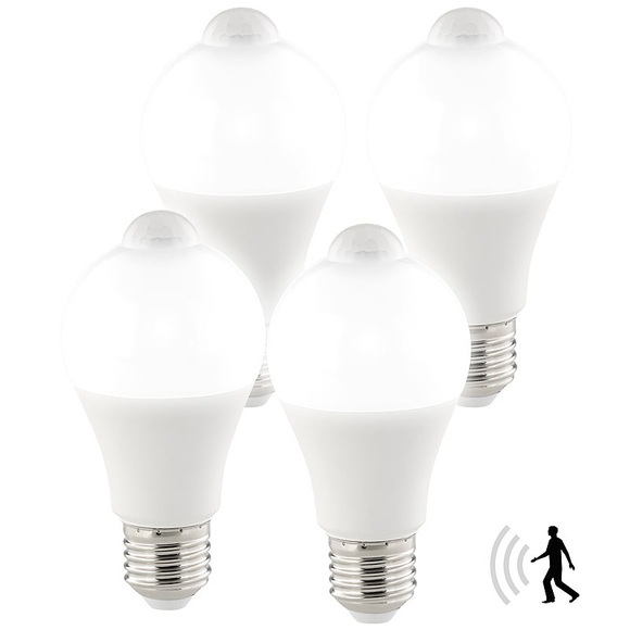 Luminea 4er-Set LED-Lampen, PIR-Sensor, 12 Watt, E27, tageslichtweiss, 6500 K