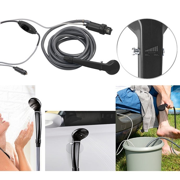 Semptec Urban Survival Technology Elektrische 12-Volt-Camping-Dusche mit Tauchpumpe, 2,2-m-Schlauch