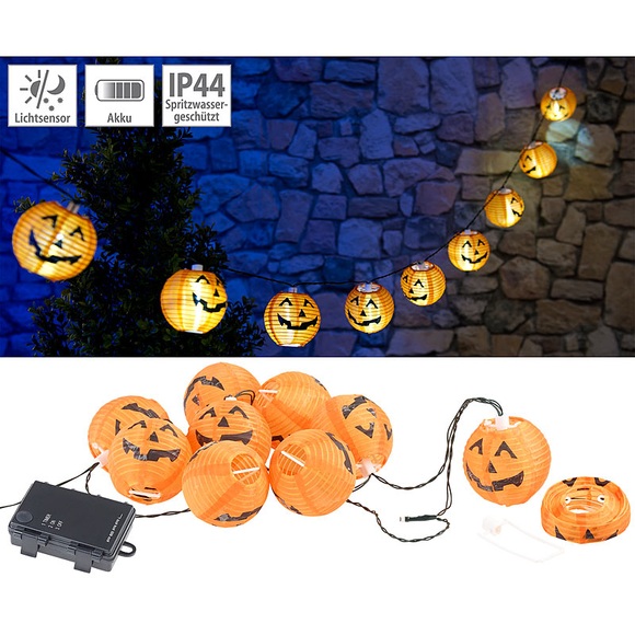 Pearl LED-Lichterkette mit 10 Lampions im Halloween-Kürbis-Look, Timer, IP44