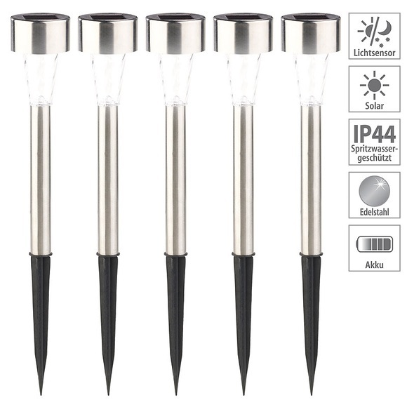 Pearl 5er-Set Mini-Solar-LED-Wegeleuchten mit Dämmerungssensor, IP44
