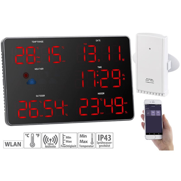 infactory Design-WLAN-LED-Wetterstation mit Aussensensor, Wettersymbolen, WLAN