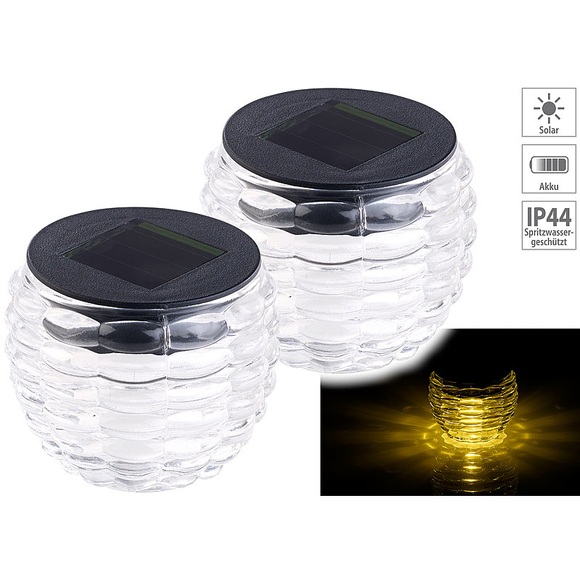 Lunartec 2er-Set Solar-LED-Windlichter "Liora", Glas, Lichtmuster, IP44, Ø 8 cm