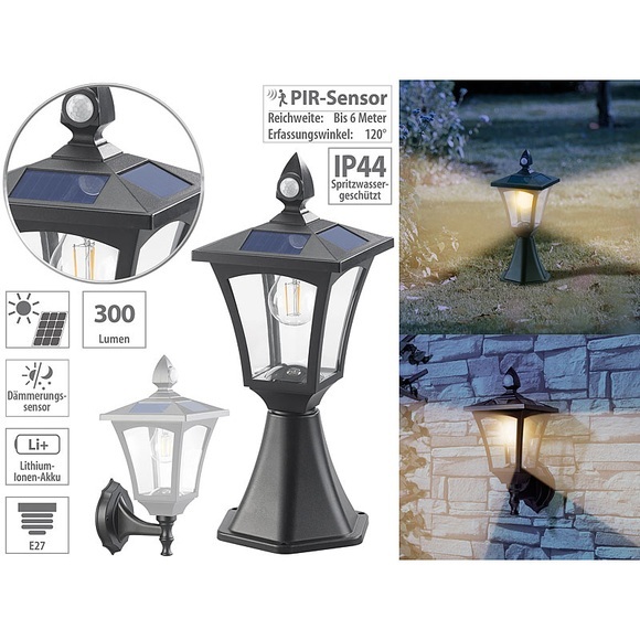 Royal Gardineer Solar-LED-Stand- & Wandlaterne, PIR-Sensor, Dämmerungssensor, 300 lm
