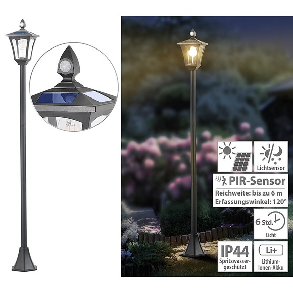 Royal Gardineer Solar-LED-Gartenlaterne, PIR-Sensor, Dämmerungssensor, 300 lm, 160 cm