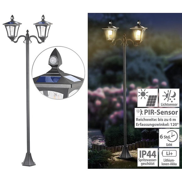Royal Gardineer Solar-LED-Gartenlaterne, 2 flammig, PIR- & Dämmerungssensor, 600 Lumen
