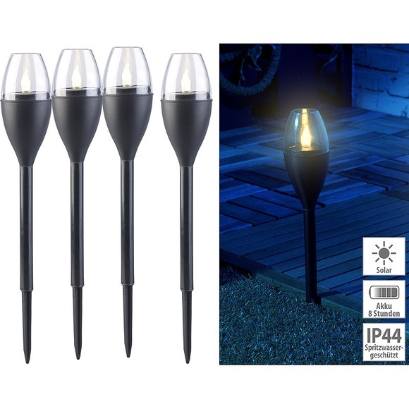 Lunartec 4er-Set Solar-Akku-Gartenfackeln, LED in Flammen-Optik, Flackerlicht