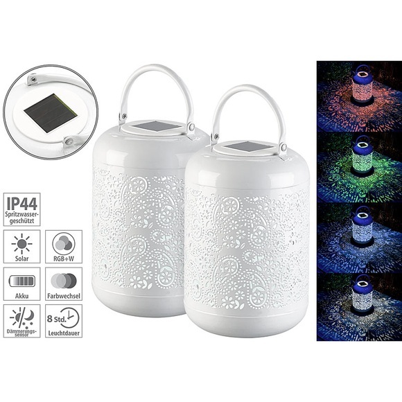 Lunartec 2er-Set Solar-Laternen mit LEDs RGB & Weiss und Dämmerungssensor, IP44