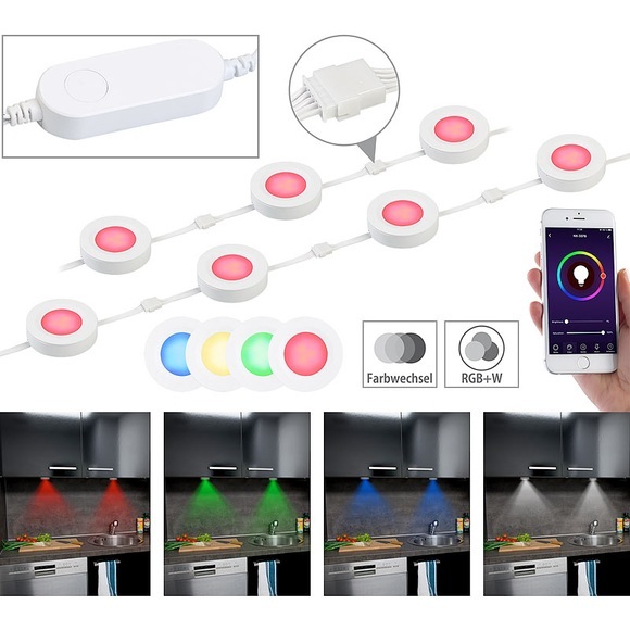 Lunartec 7er-Set WLAN-Unterbau-LEDs, RGB+W, für Amazon Alexa & Google Assistant