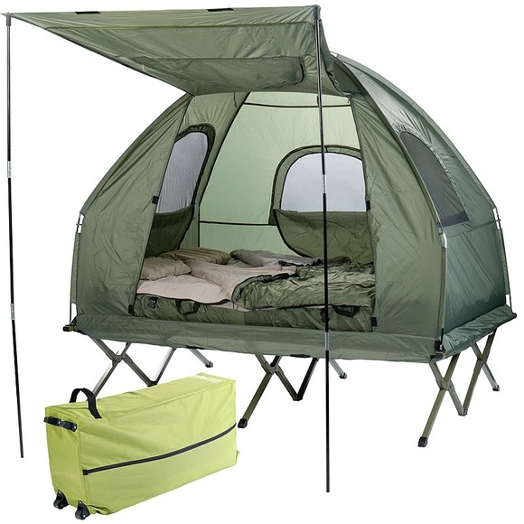 Semptec Urban Survival Technology 4in1-Doppelzelt, Feldbett, 2 Winterschlafsäcke, Matratze, Sonnenschutz