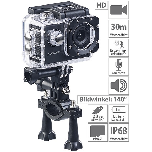 Somikon HD-Action-Cam DV-1212 V2 mit Unterwasser-Gehäuse, IP68, bis 30 m