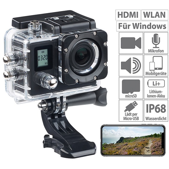 Somikon Einsteiger-4K-Action-Cam, WLAN, 2 Displays, Full HD 60 B./Sek., IP68