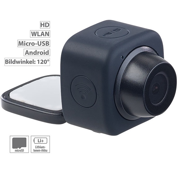 Somikon Mini-Selfie-Cam mit WLAN und App-Steuerung, 720p, Klebepad & Magnet