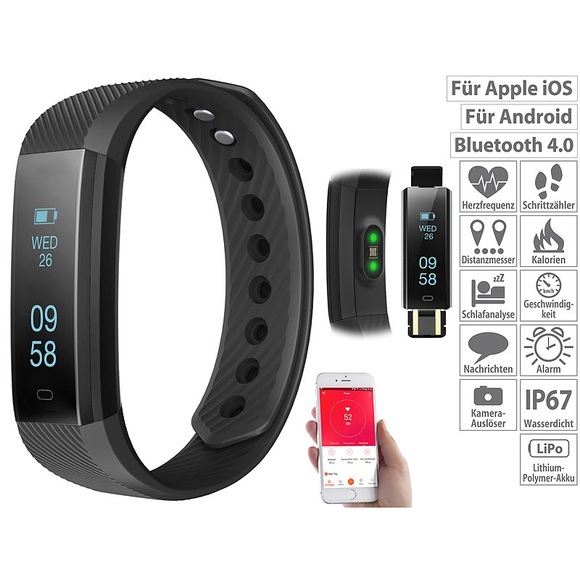 newgen medicals Fitness-Armband m. Bluetooth, Benachrichtigung, Pulsmesser, OLED, IP67