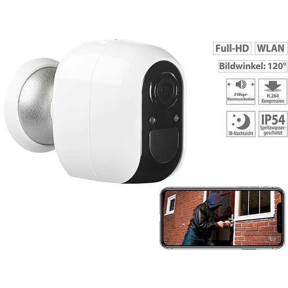 VisorTech IP-Überwachungskamera, Full HD, WLAN & App, Batterie-Betrieb, IP54