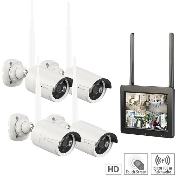 VisorTech Funk-Überwachungs-Set mit 7"-Touchscreen-Monitor, 4 HD-Kameras & WLAN