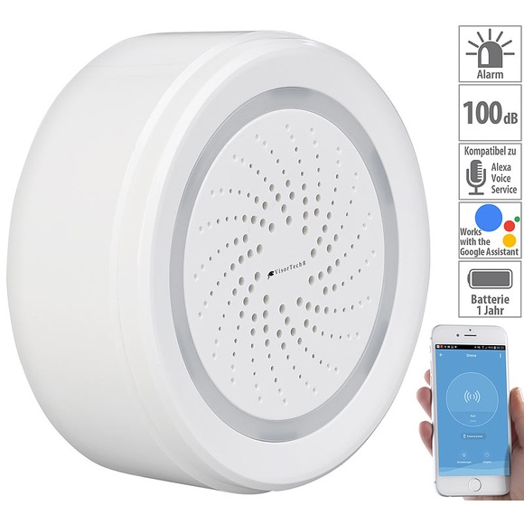 VisorTech Alarm-Sirene mit WLAN & App, komp. zu Amazon Alexa & Google Assistant