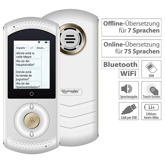 simvalley MOBILE Mobiler Echtzeit-Sprachübersetzer, 75 Sprachen, 4G/LTE, WLAN, weiss