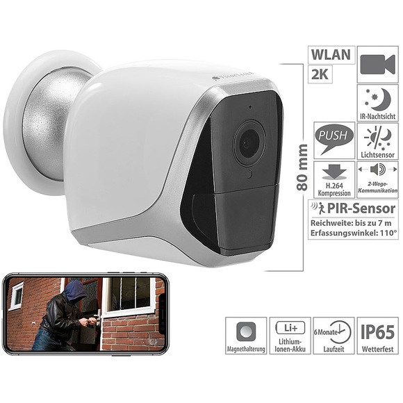 VisorTech 2K-IP-Überwachungskamera mit Akku, App, 1 Jahr Stand-by, 3 MP, IP65