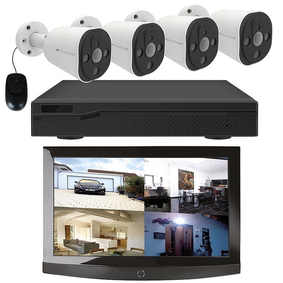 VisorTech Überwachungssystem mit HDD-Rekorder & 4 IP-Kameras, Super HD, PoE, App