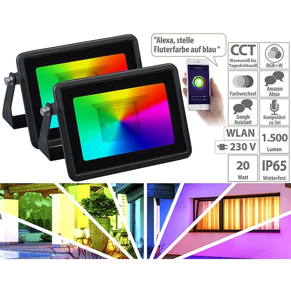 2er-Set WLAN-RGB-CCT-Fluter, 1.500 lm, 20 W, IP65, mit Sprachsteuerung