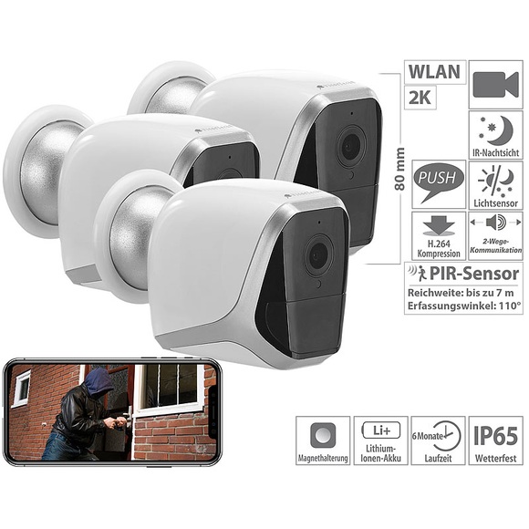 VisorTech 3er-Set 2K-WLAN-IP-Kamera mit Akku, App, 1 Jahr Stand-by, 3 MP, IP65
