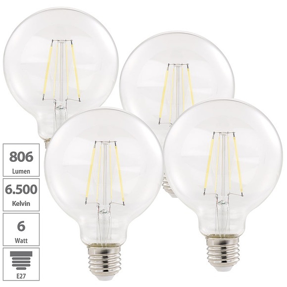 Luminea 4er-Set LED-Filament-Birnen, E27, A++, 6 W, 806 lm, tageslichtweiss