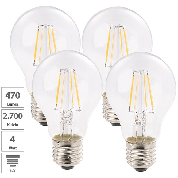 Luminea LED-Filament-Birne, A+, E27, 4 W, 470 Lm, 360°, warmweiss, 4er-Set