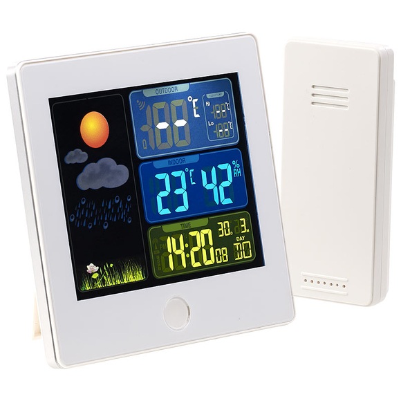 infactory Funk-Wetterstation mit Aussensensor, Farbdisplay, Funkuhr, Wecker, weiss