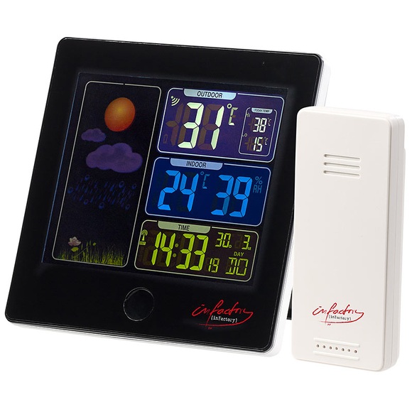 infactory Funk-Wetterstation, Aussensensor, Farbdisplay, Funkuhr, Wecker, schwarz
