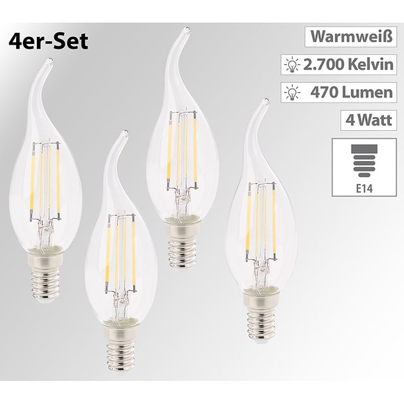 Luminea 4er-Set LED-Filament-Kerzen, E14, A+, 4 W, 470 Lm, warmweiss, Ba35