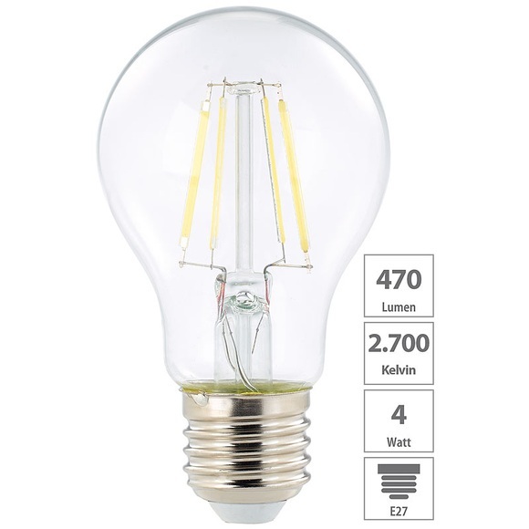 Luminea LED-Filament-Birne, A+, E27, 4 Watt, 470 Lumen, 360°, warmweiss, A60
