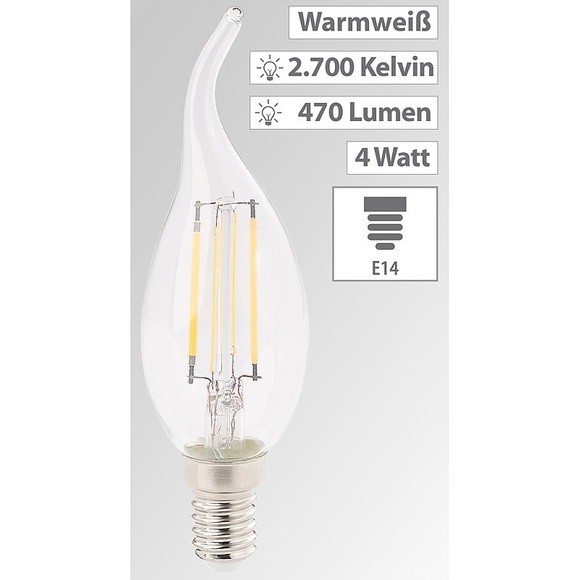 Luminea LED-Filament-Kerze, E14, A+, 4 Watt, 470 Lumen, 360°, warmweiss, Ba35