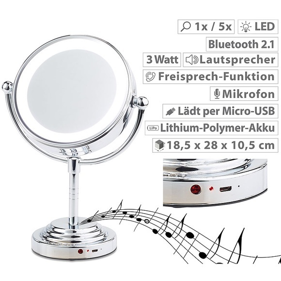 Sichler Beauty LED-Kosmetikspiegel mit Akku, Bluetooth-Lautsprecher, 1x / 5x Vergröss.