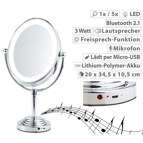 Sichler Beauty XL-LED-Kosmetikspiegel, Akku, Bluetooth-Lautsprecher, 1x / 5x Vergröss.