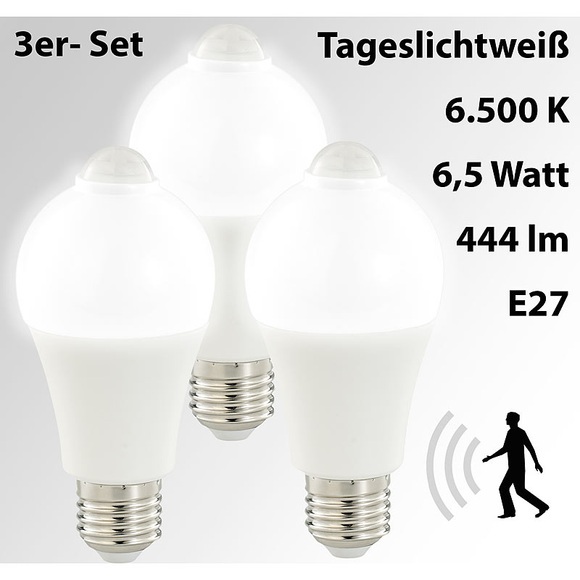 Luminea LED-Lampe mit PIR-Sensor, 6,5 Watt, E27, 444 Lumen, weiss, 3er-Set