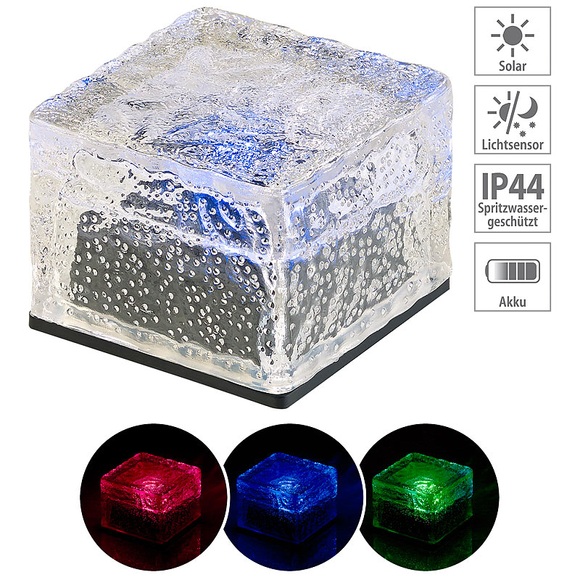 Lunartec Solar-RGB-LED-Glasbaustein mit Dämmerungsssensor, 7 x 5,4 x 7 cm, IP44