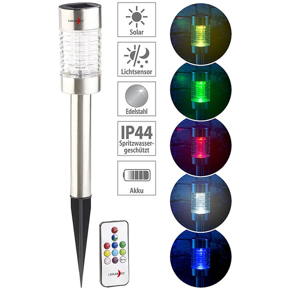 Lunartec Solar-RGB-LED-Wegeleuchte, Lichtsensor, Fernbedienung, Edelstahl, IP44