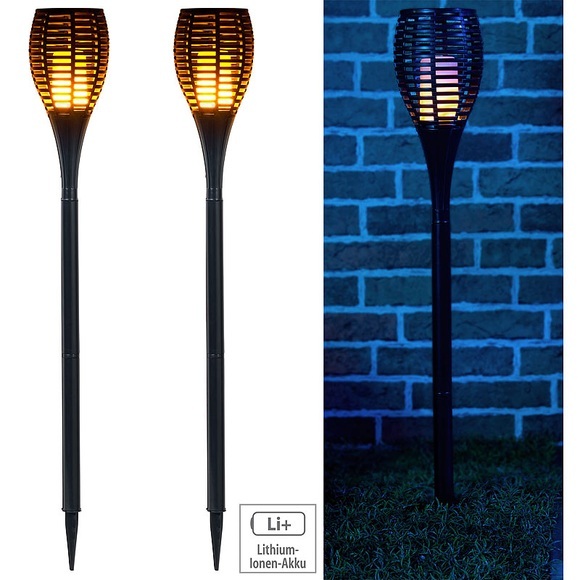 Luminea 2er-Set LED-Gartenfackeln,realistisches Flammenflackern,2.000-mAh-Akku