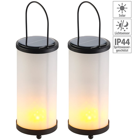 Lunartec 2er-Set Solar-LED-Laternen Glas/Metall mit Fackel-Effekt, 96 LEDs