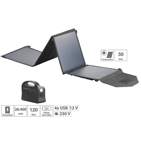 revolt Powerbank & Solar-Konverter mit 50-Watt-Solarpanel, 97 Wh, 120 Watt