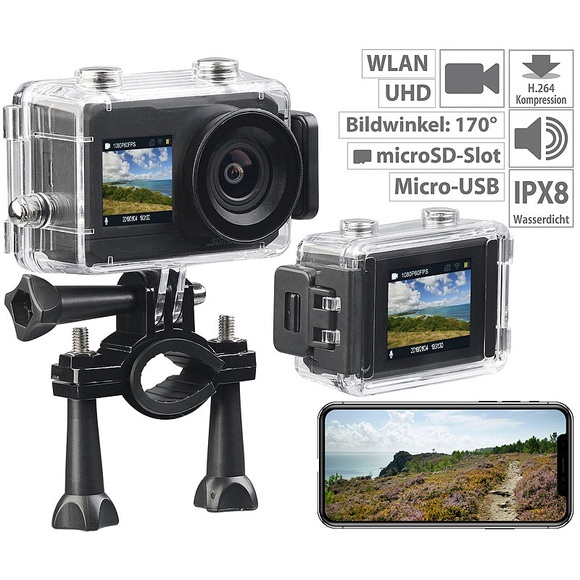 Somikon UHD-Action-Cam mit 2 Displays, WLAN und Sony-Bildsensor, IPX8