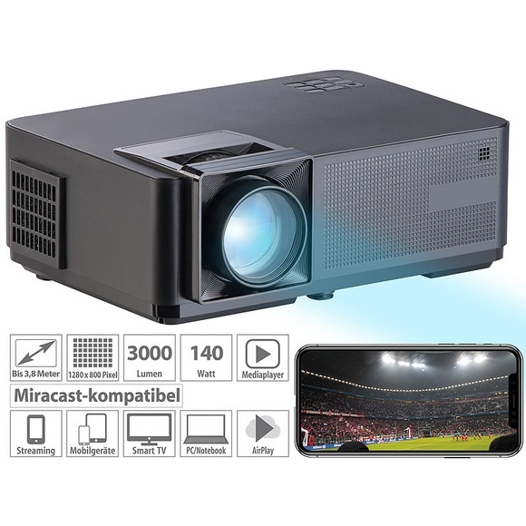 LED-LCD-Beamer mit WLAN, Media-Player, 1280x800 Pixel (WXGA), 3.000 lm