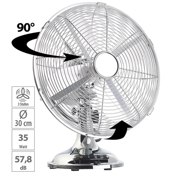 Sichler Haushaltsgeräte Vollmetall-Tisch-Ventilator im Retro-Look, Oszillation, 35 W, Ø 30 cm