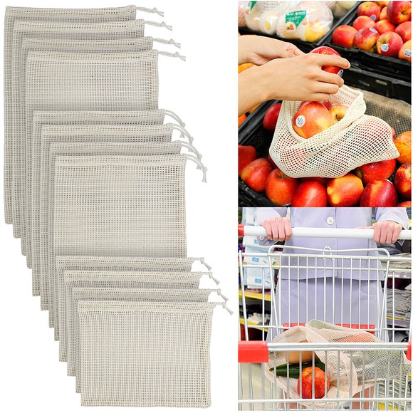 Rosenstein & Söhne 12er-Set Obst- und Gemüsebeutel, 100% Baumwolle, 3 verschiedene Grössen